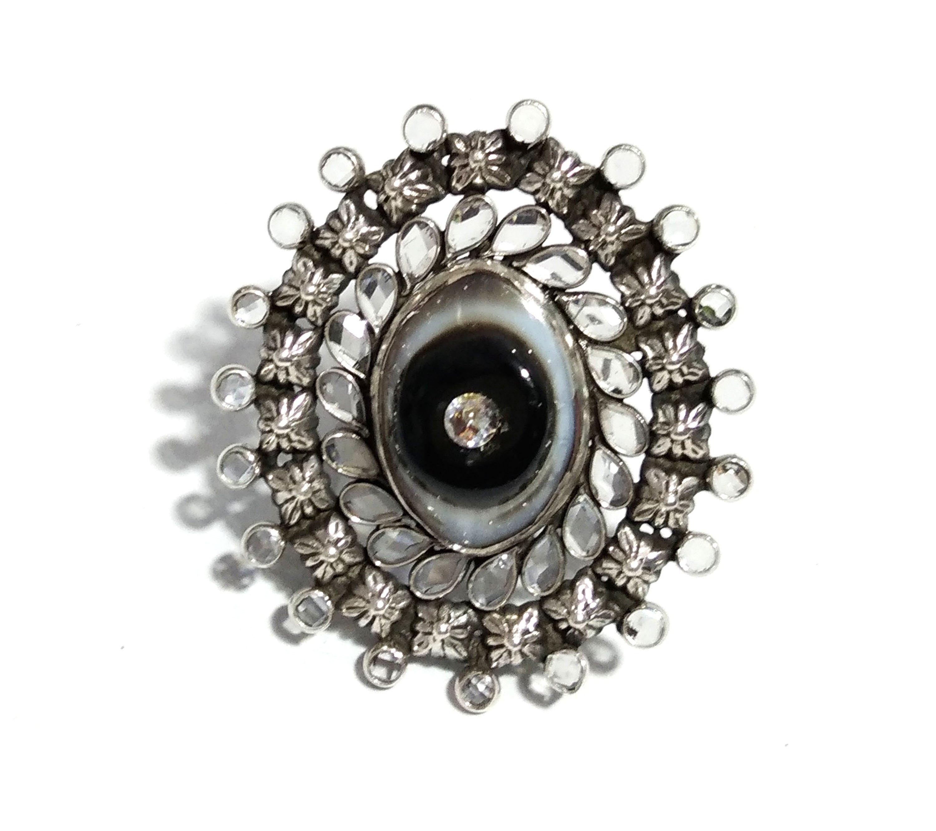 Natural Black Banded Agate, White Zircon Stone Ring, 925 Solid Starling Silver Black Plated Ring, Zircon Handmade Ring, Gift Engagement Ring